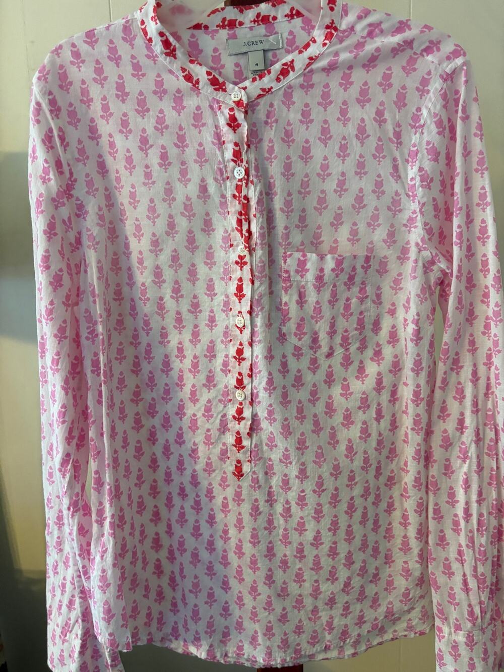 J Crew Thistle Print Pink Cotton Popover Blouse Size 4